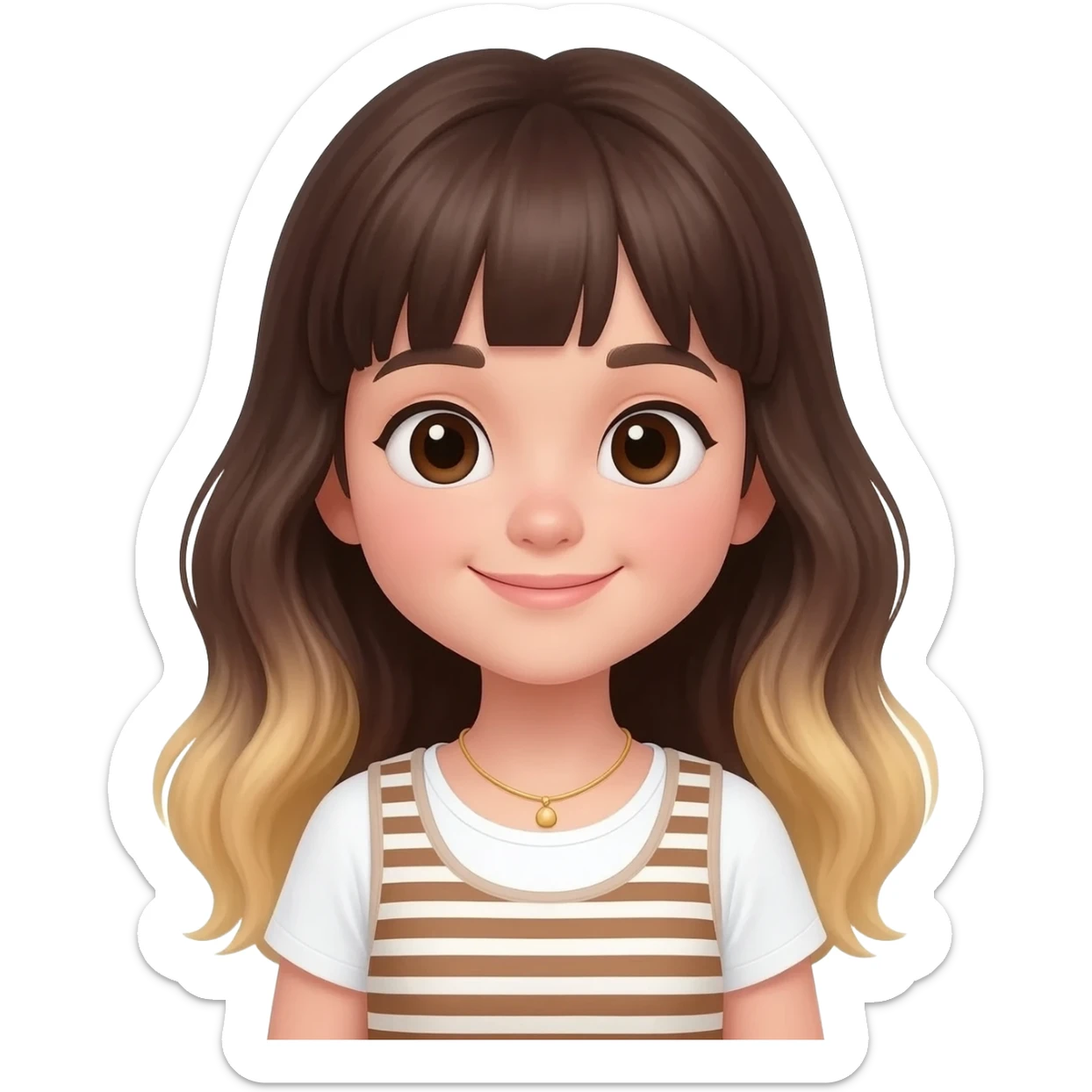 A young girl with an oval-shaped face and feminine features, long dark brown wavy hair fading to blonde at the ends with light bangs. Thick dark eyebrows, large expressive eyes, and a warm smile. She is wearing a white T-shirt with a striped vest and a delicate golden necklace. sticker