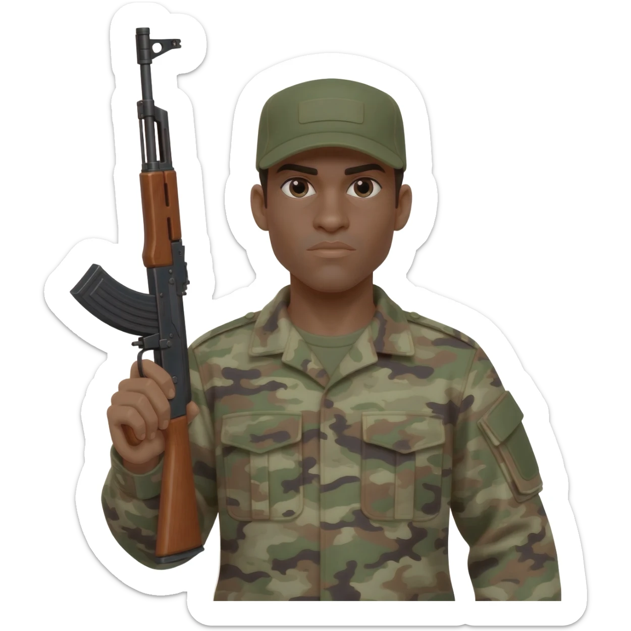 Do the military soldier in a camouflage uniform with the regular uniform cap; make the skin color just a little bit darker and the solute has to be with the other arm the right arm sticker