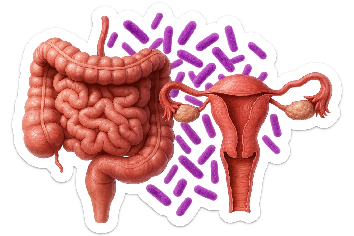 intestino umano anatomico realistico accanto ad un utero umano anatomico realistico, dietro i due organi fluttuano batteri intestinali con questo colore: #971ef1, iperrealistico 4k
isolata su sfondo bianco sticker