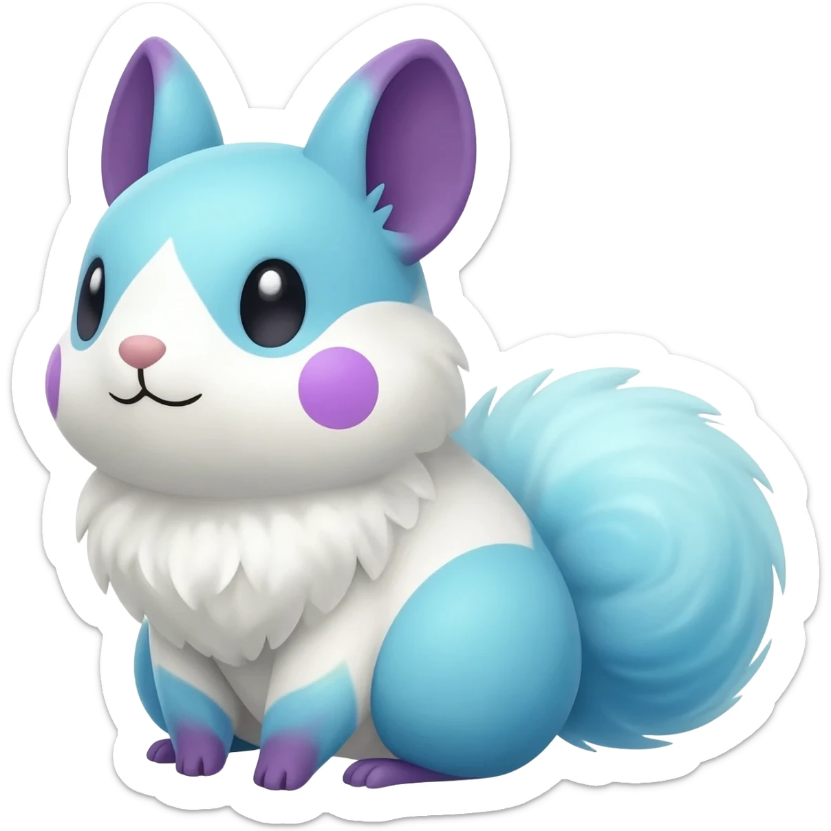 Light-pastel-Cyan-white-blue-gradients electric type rodent-chinchilla-squirrel-gerbil-jerboa-Pachirisu-Minccino-Pokémon-Fakémon-fusion-hybrid-Pokémon-animal-creature, full body with purple-violet-pinkish round cheek markings  sticker