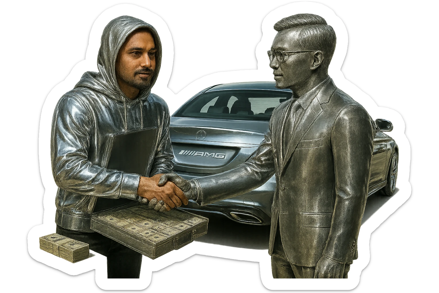Make only the Indian man's hoodie chrome, keeping his skin and face natural. Add a goatee to the man. Include money on the side and a chrome AMG car in the scene. Keep the background transparent. sticker