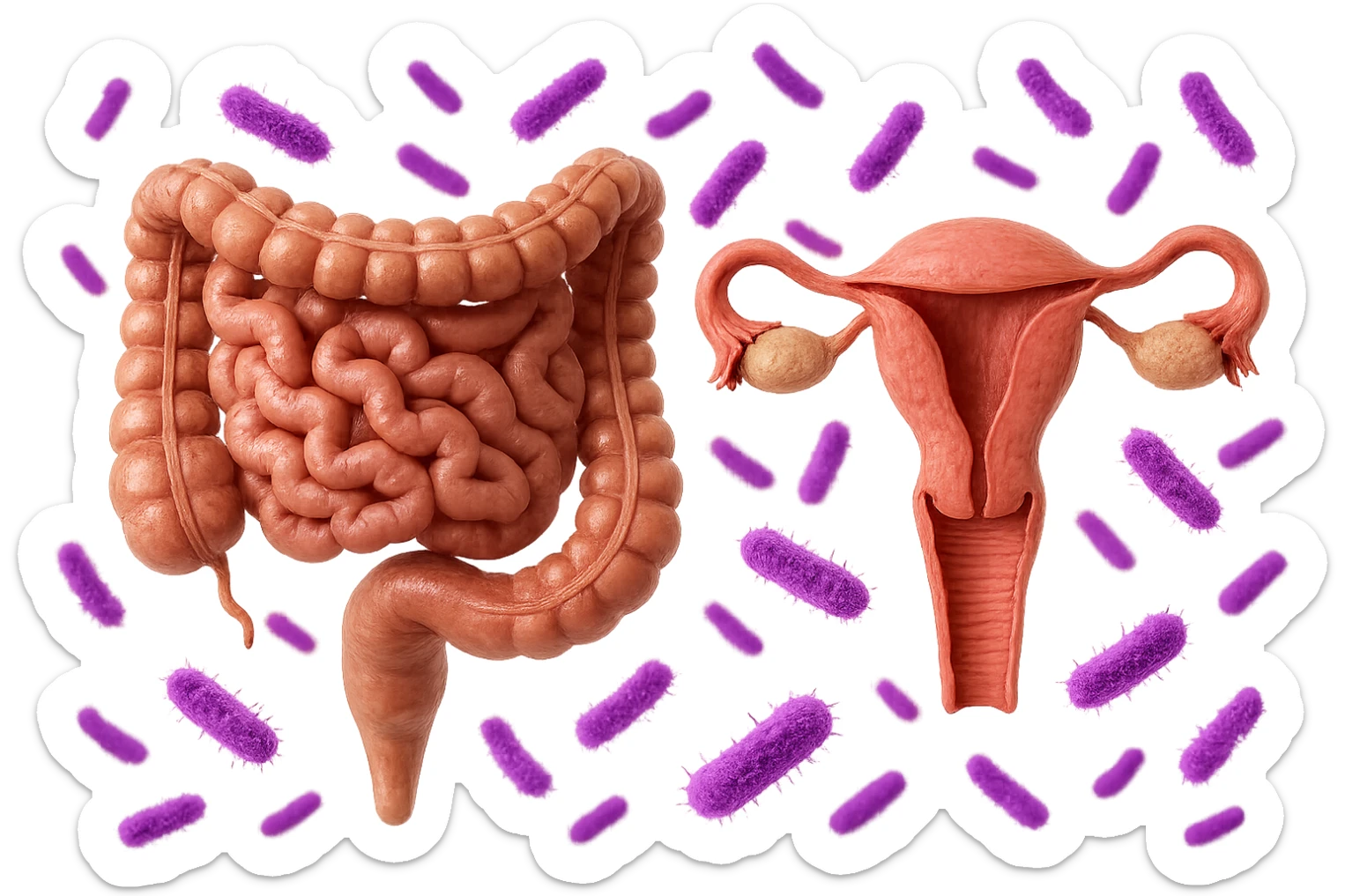 intestino umano anatomico realistico accanto ad un utero umano anatomico realistico, dietro i due organi fluttuano batteri intestinali con questo colore: #971ef1, iperrealistico 4k
isolata su sfondo bianco sticker