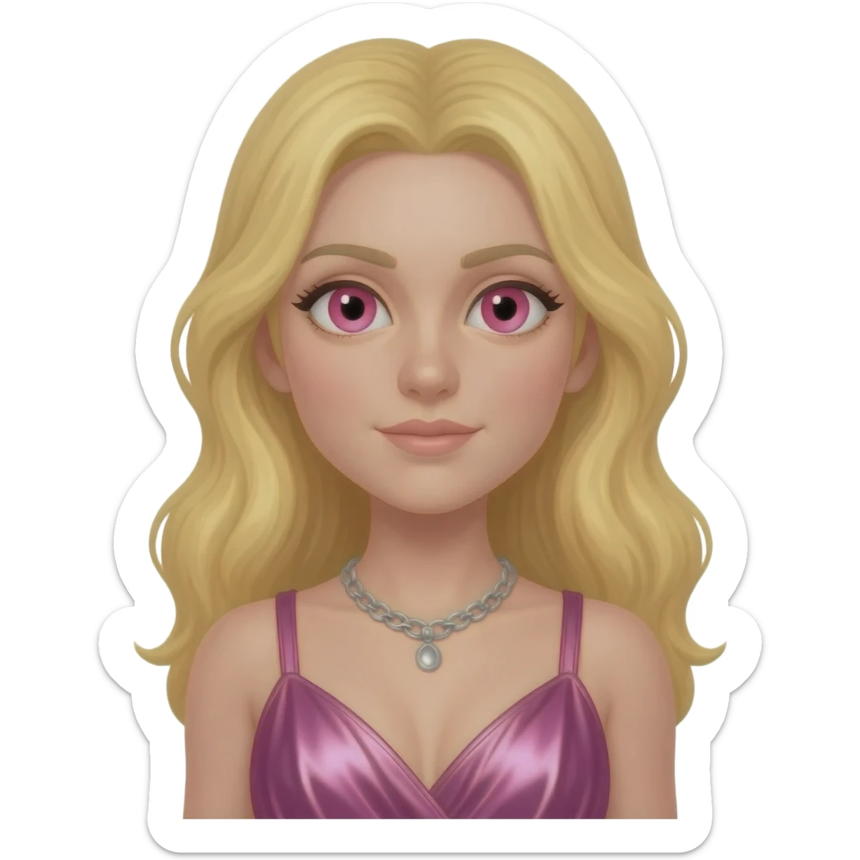 Aphrodite from Greek Mythology with pink eyes, long blonde hair, pink metallic coal dress, silver necklace sticker