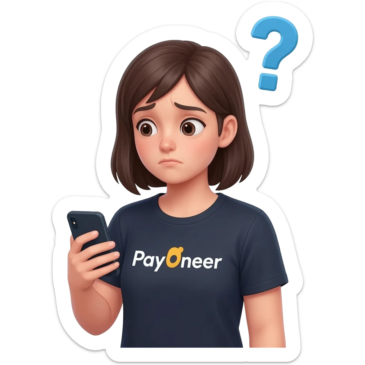 Girl looking at her phone with wondering face and a question mark wearing dark tshirt with payoneer written on it not a logo, just a word in the same font as on logo sticker