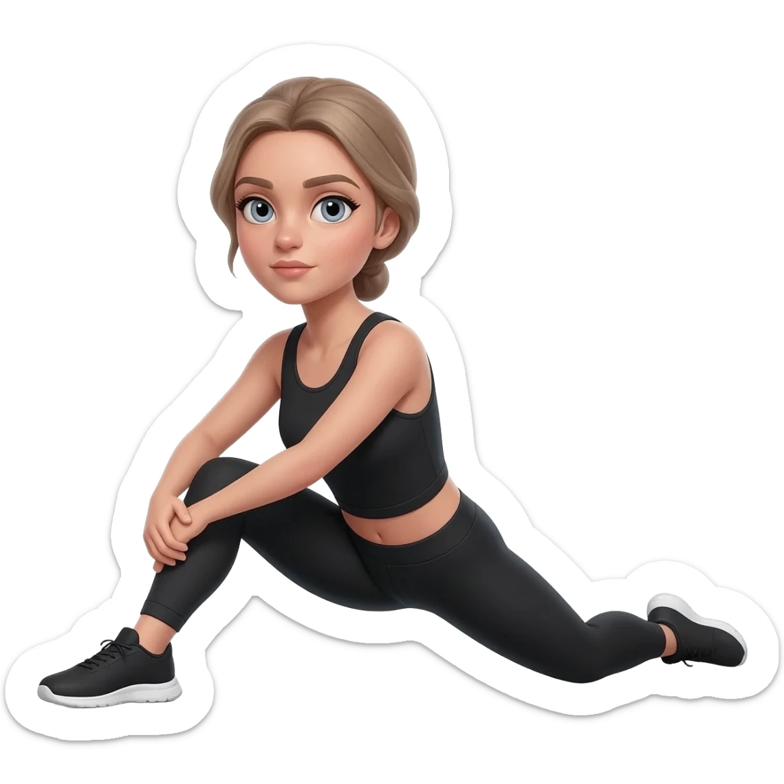 standing quad stretch holding one foot, fair-skinned woman, gray-blue eyes, ash brown brows, ash light brown hair tied back, slim athletic body, black workout set, black sneakers with white soles sticker