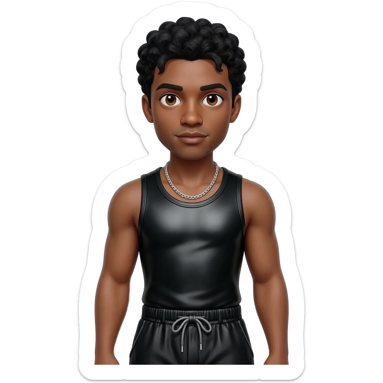 Usher with brown eyes, black hair, black metallic boat tank top, black metallic baggy pants, silver necklace sticker