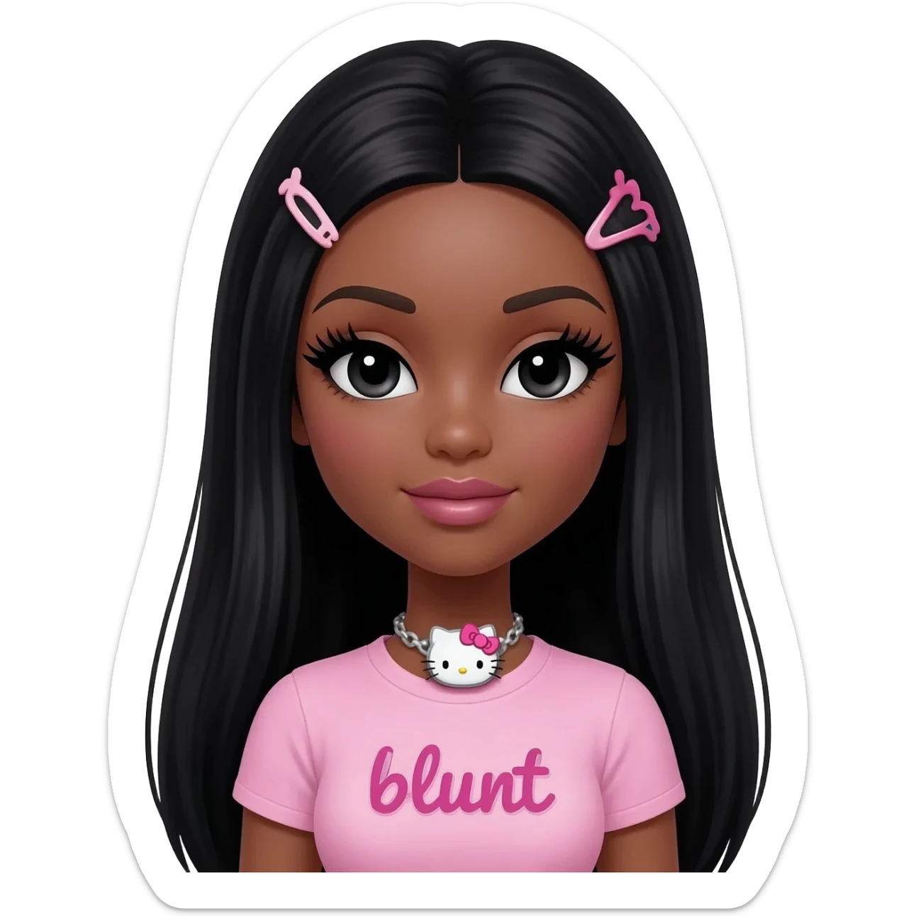 Long giant lashes, my melody hairclip, Doll faced shaped, hello kitty necklace, bimbo, black doll eyes, barbie, dark brown skin with black hair, light pink bimbo shirt says "blunt" , big breast sticker