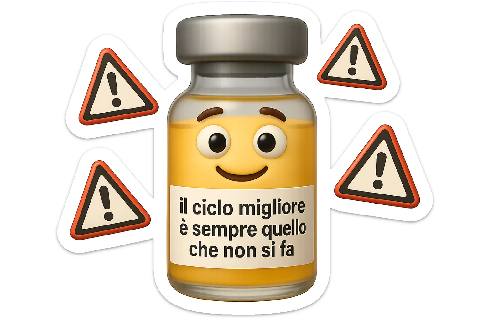 SU QUESTO STILE FAI UN EMOJI STILE IPHONE 3D DI UNa boccetta di fiala medica attorno alla quale fluttuano segnali di pericolo, sull'etichetta della boccetta c'è scritto "il ciclo migliore è sempre quello che non si fa", FALLO MOLTO REALISTICO IN 3D sticker