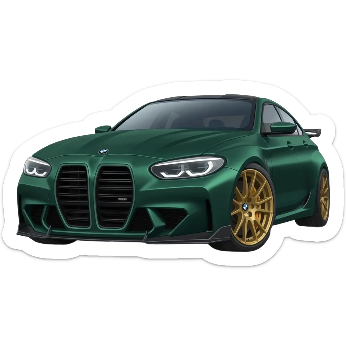 apple ios emoji style, matte dark green BMW M5 CS sports sedan, front three-quarter view, gold wheels, aggressive front bumper, soft 3D emoji rendering, glossy highlights, smooth gradients, simplified details, centered icon, white background, apple emoji design language, ultra clean, high resolution sticker