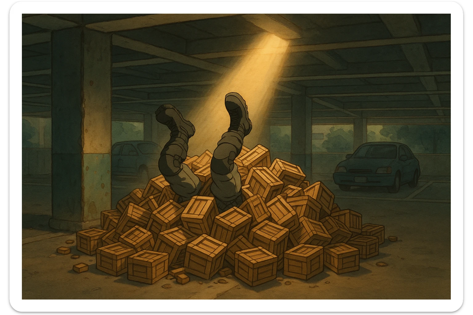 A pile of small oblong crates hidden in a parking structure with a beam of light shining from above, with someone’s boots sticking out like they dove in, tactical gear clothing  sticker