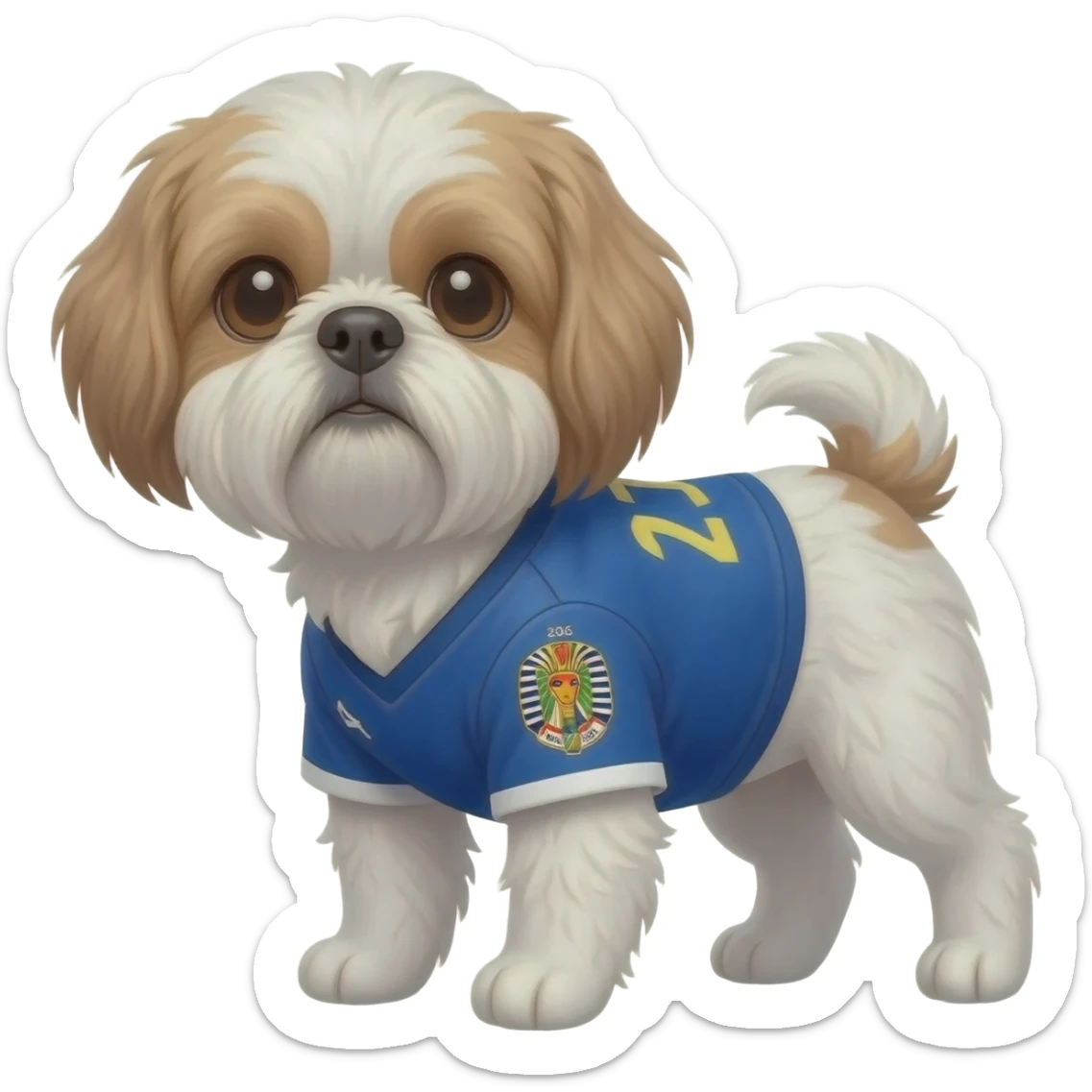 white and light brown shih zhu wearing a Egypt soccer jersey v neck 2026 work cup sticker