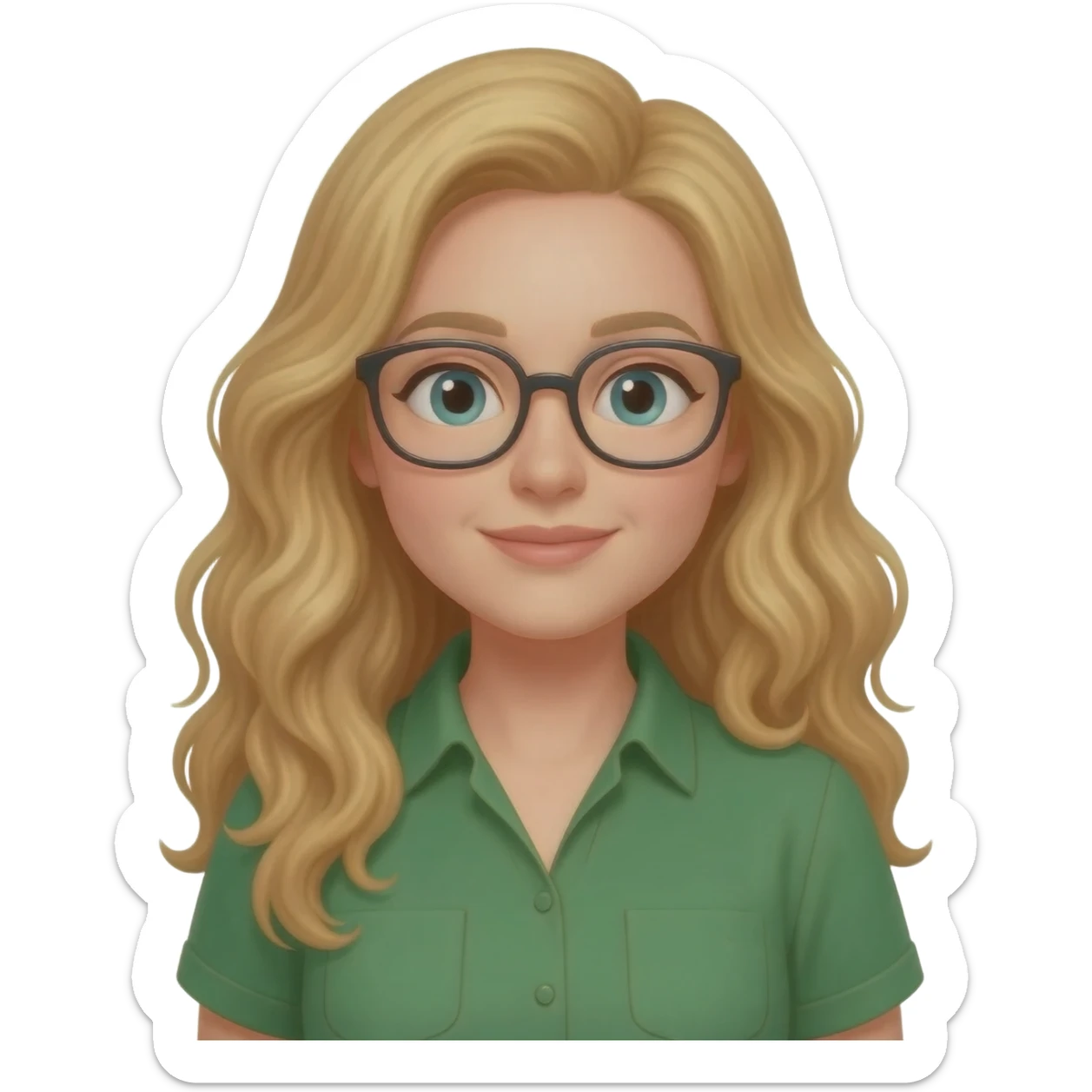 green shirt loce woman with long curly blonde hair an glasses sticker