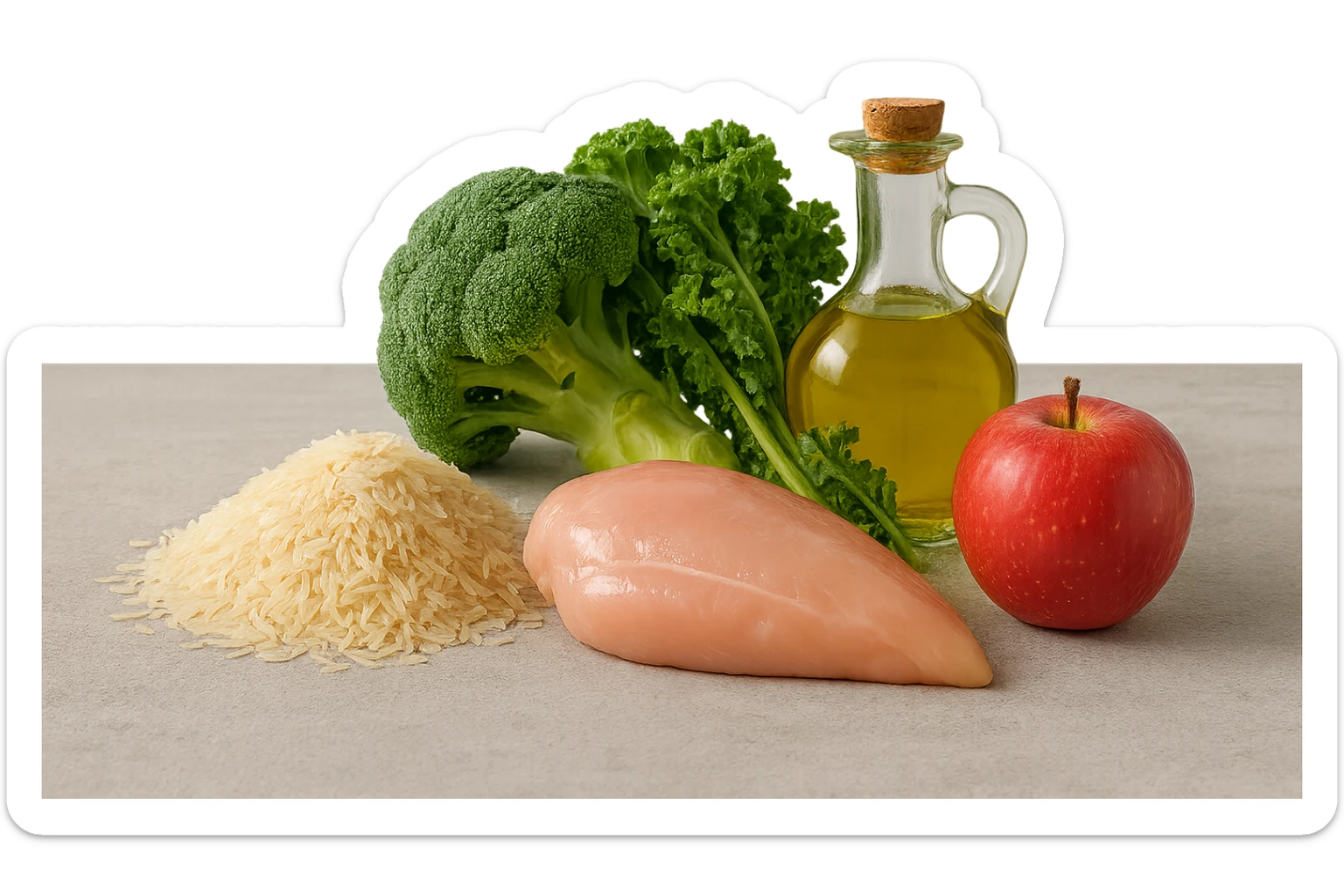 Riso basmati
Petto di pollo
Verdura fibrosa verde
Olio EVO
Mela
poggiati sul tavolo sticker