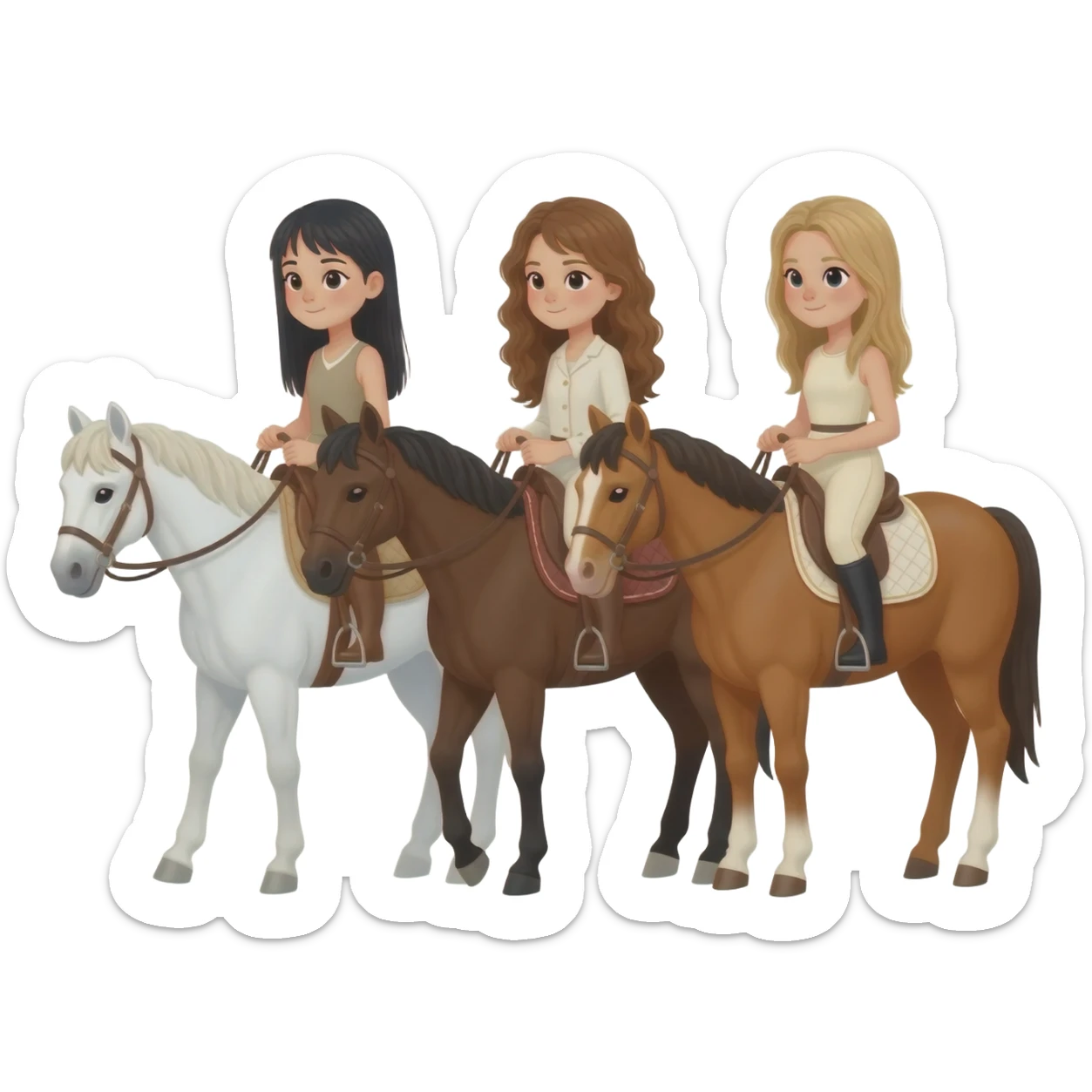 Three horses white bay and sorrel with three riders on the bay horse a girl with dark straight hair on the sorrel horse a girl with wavy brown hair and on the white horse a girl with sandy hair sticker
