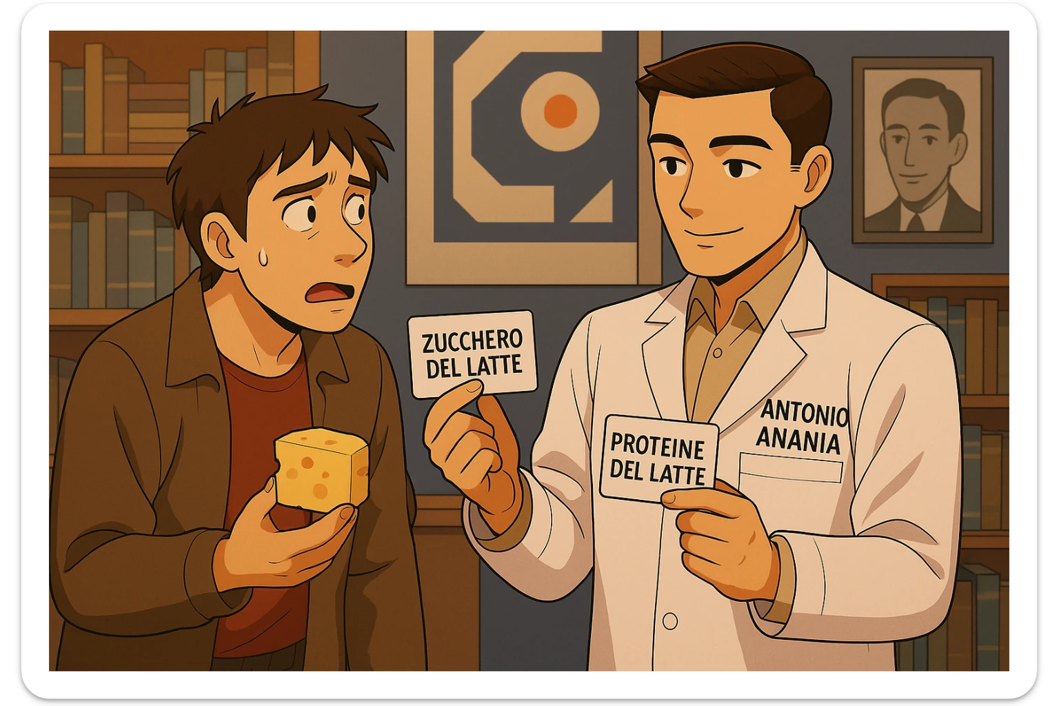 fai un webtoon manga a colori con questo stile, in cui un uomo fa una domanda al kinesiologo con il camice bianco (fagli anche la scritta "ANTONIO ANANIA" SUL CAMICE, l'uomo chiede una cosa mostrando un formaggio e uno yogurt al kinesiologo con il camice, IL KINESIOLOGO annuisce e SPIEGA ALL'UOMO UNA cos. L'UOMO ha un ESPRESSIONE CONFUSA IN VOLTO. non fare i fumetti però, fai solo in modo che sembri stiano parlando sticker