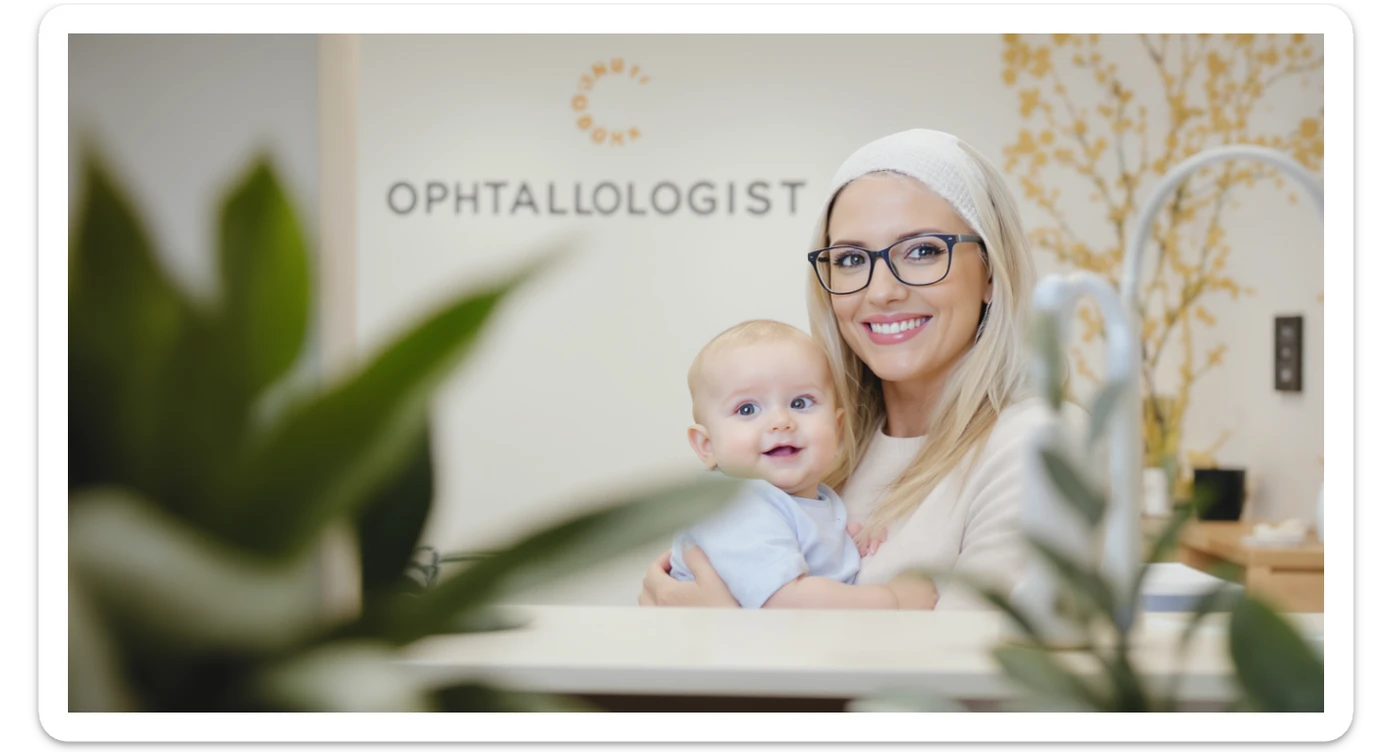 Cinematic still, blurred plants in the foreground (close to the camera), Proffesional advertising of a smiling european white woman with glasses smiling holding baby, minimalistic ophthalmologist interior in background, leading  lines, "rule of thirds", 60/30/10 colors, soft light, warm colors sticker