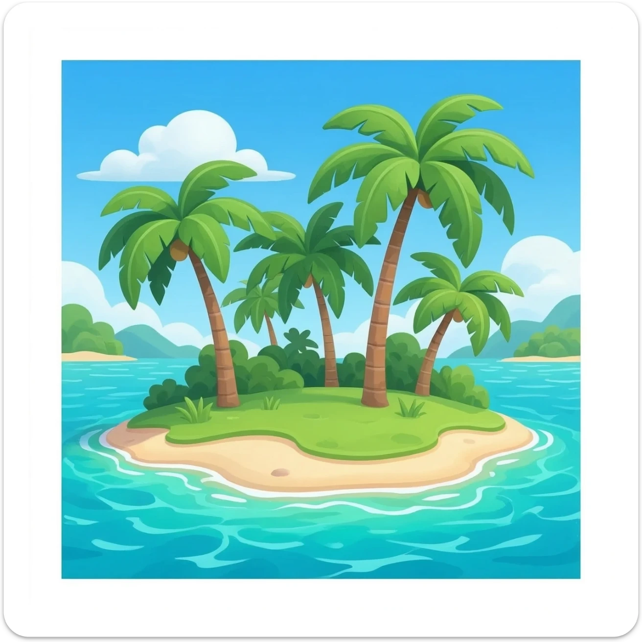 tropical island with palm trees and turquoise water, small floating island, isolated object, centered composition, transparent background, sticker style sticker