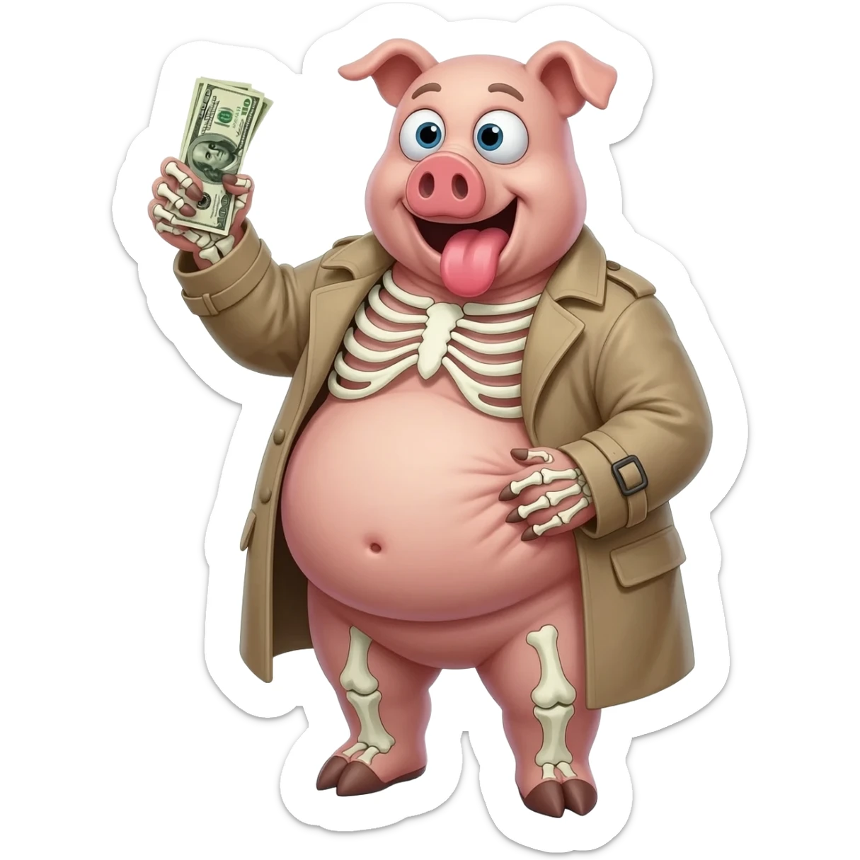 jiggly fat skeleton with bulging eyeballs and massive tongue sticking out rubbing its fat belly holding up a dollar bill with a pig wearing a trenchcoat sticker