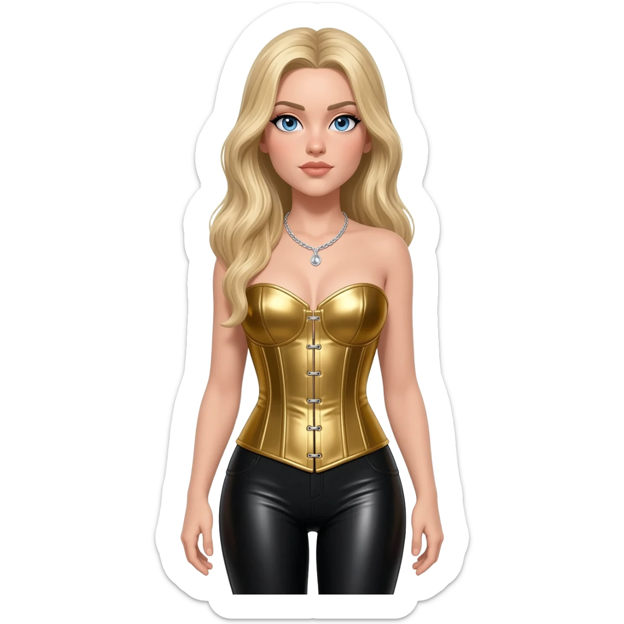 Madonna with blue eyes, long blonde hair, gold metallic corset, black metallic leggings, silver necklace sticker