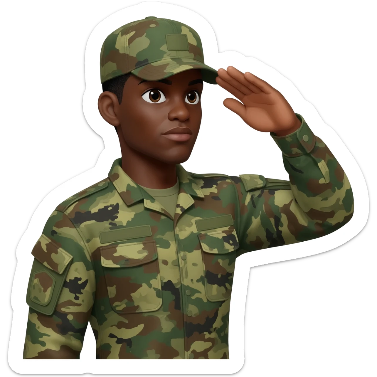 I need a black male military put the military cap on this soldier he has to have a military cap on more like campaign covers used by drill, instructors or state police officers make soldier well built with muscle muscles soldier and camouflage green uniform saluting sticker
