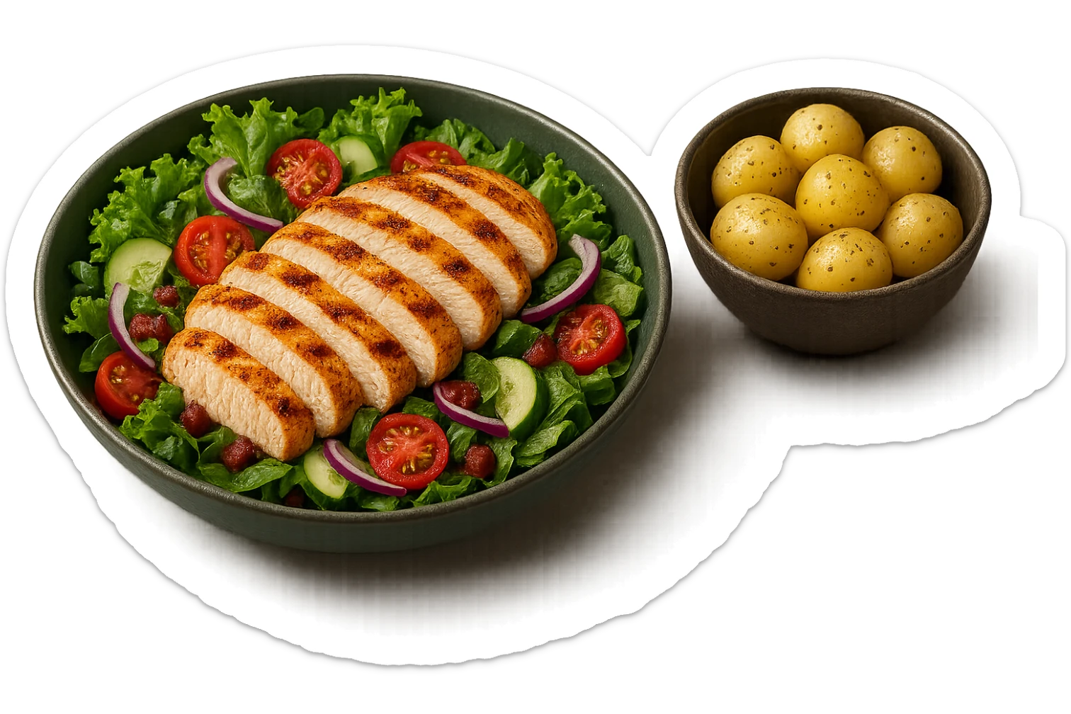 insalate con petto di pollo grigliato e bowl di patate cotte poggiate per terra, iperrealistico 4k sticker