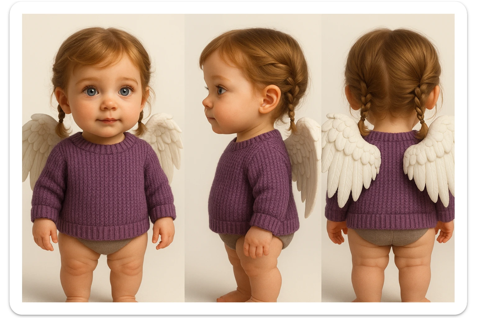 3D realistic game concept art of a cute baby girl, golden brown hair in little braids, charming blue eyes, wearing a cute purple knit sweater, with angel wings on her back, three-view lineup (front, side, back), clean background, high-end, creative, minimalist sticker