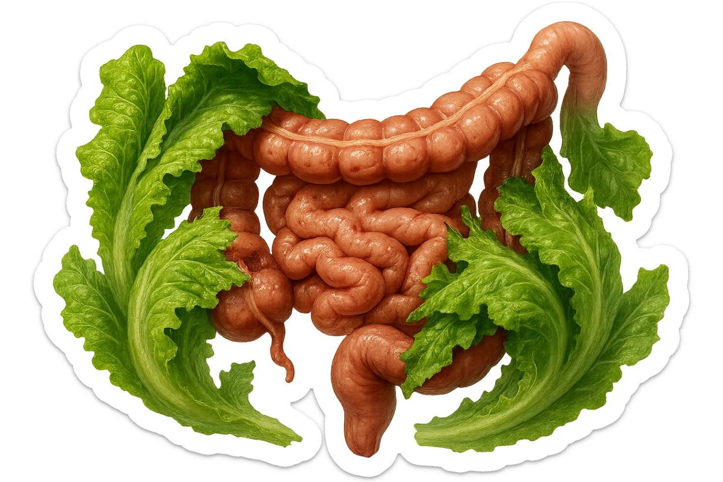 foglie di insalata che attaccano un intestino anatomico umano per distruggerlo, iperrealisticoù sticker