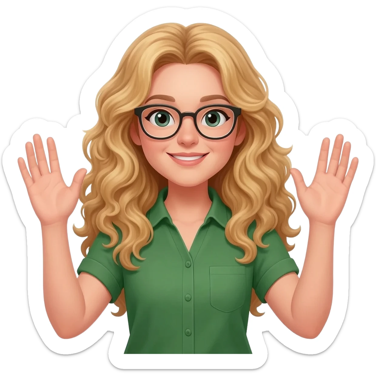 green shirt hands in the air woman with long curly blonde hair an glasses sticker
