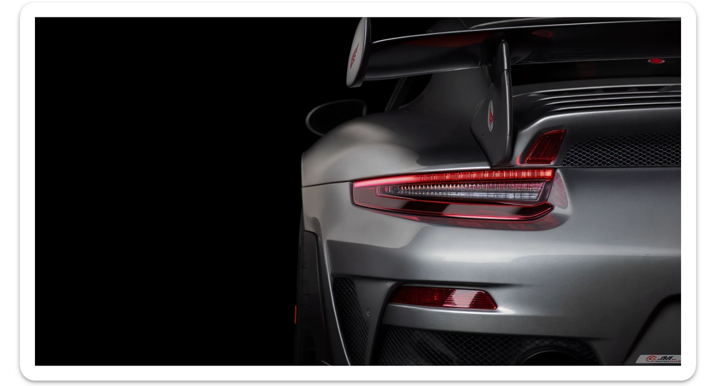 a stunning close-up of a porsche 911 gt3 rs , set against a black solid background. sticker