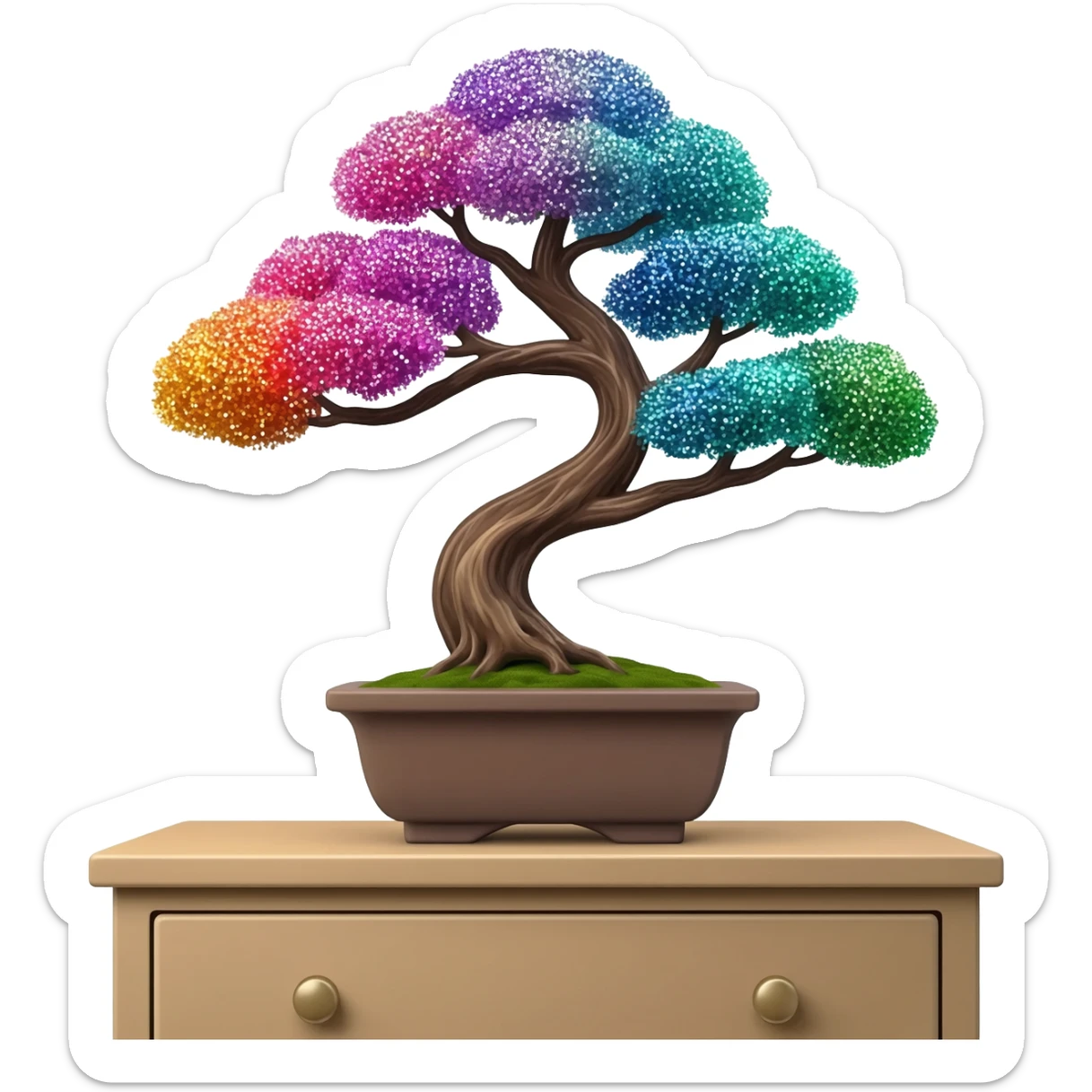  Colorful Shiny sparkly glittery beautiful elegant pretty precious divine Japanese bonsai tree in a pot on a dresser beautiful aesthetic scenery  sticker