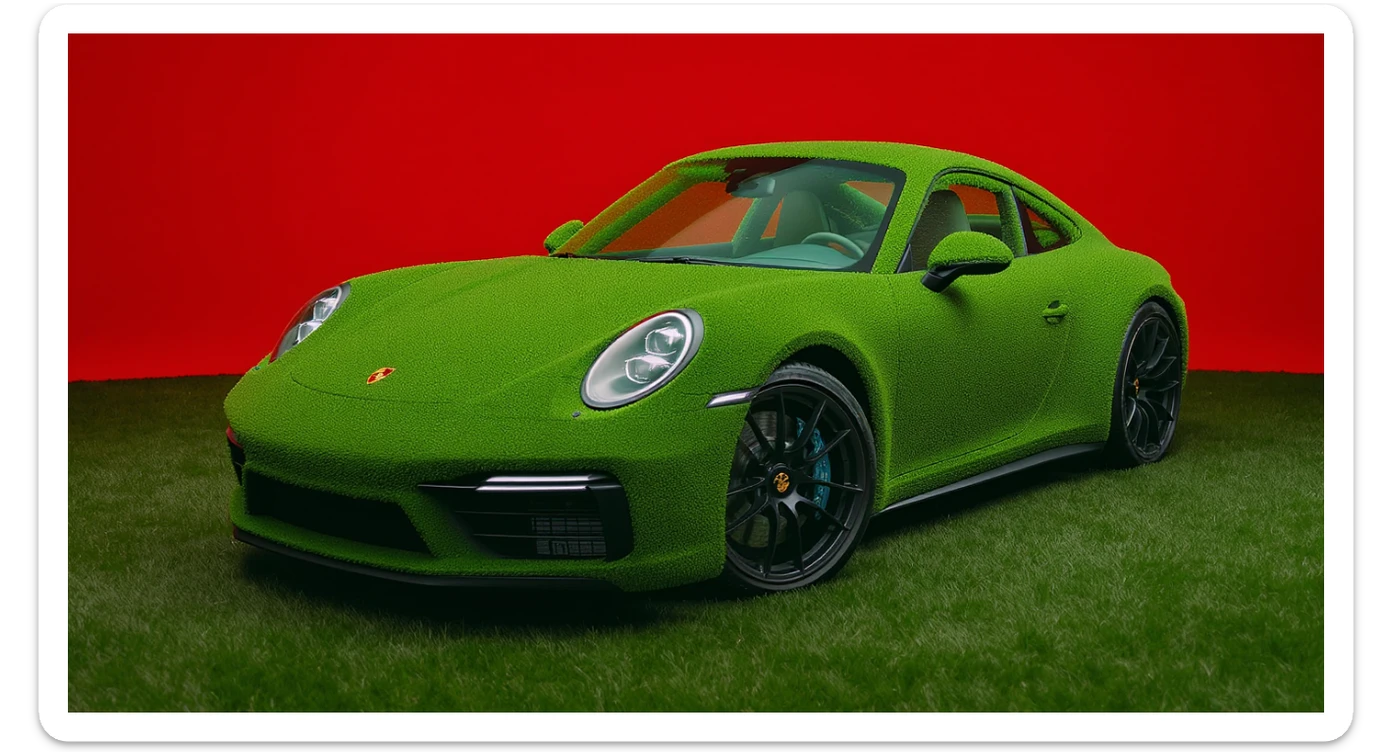 Medium shot of a porsche 911 made of green grass, red solid studio background, low keu light, top soft light, dutch angle,  captured by arri alexa sticker