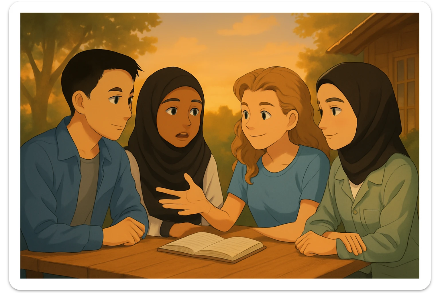 Continuation of the scene: The second girl in hijab (to the left of the blonde girl) is speaking, others are listening. Gentle wind visible in her hair and the book's pages. Faces remain identical to the original image. sticker
