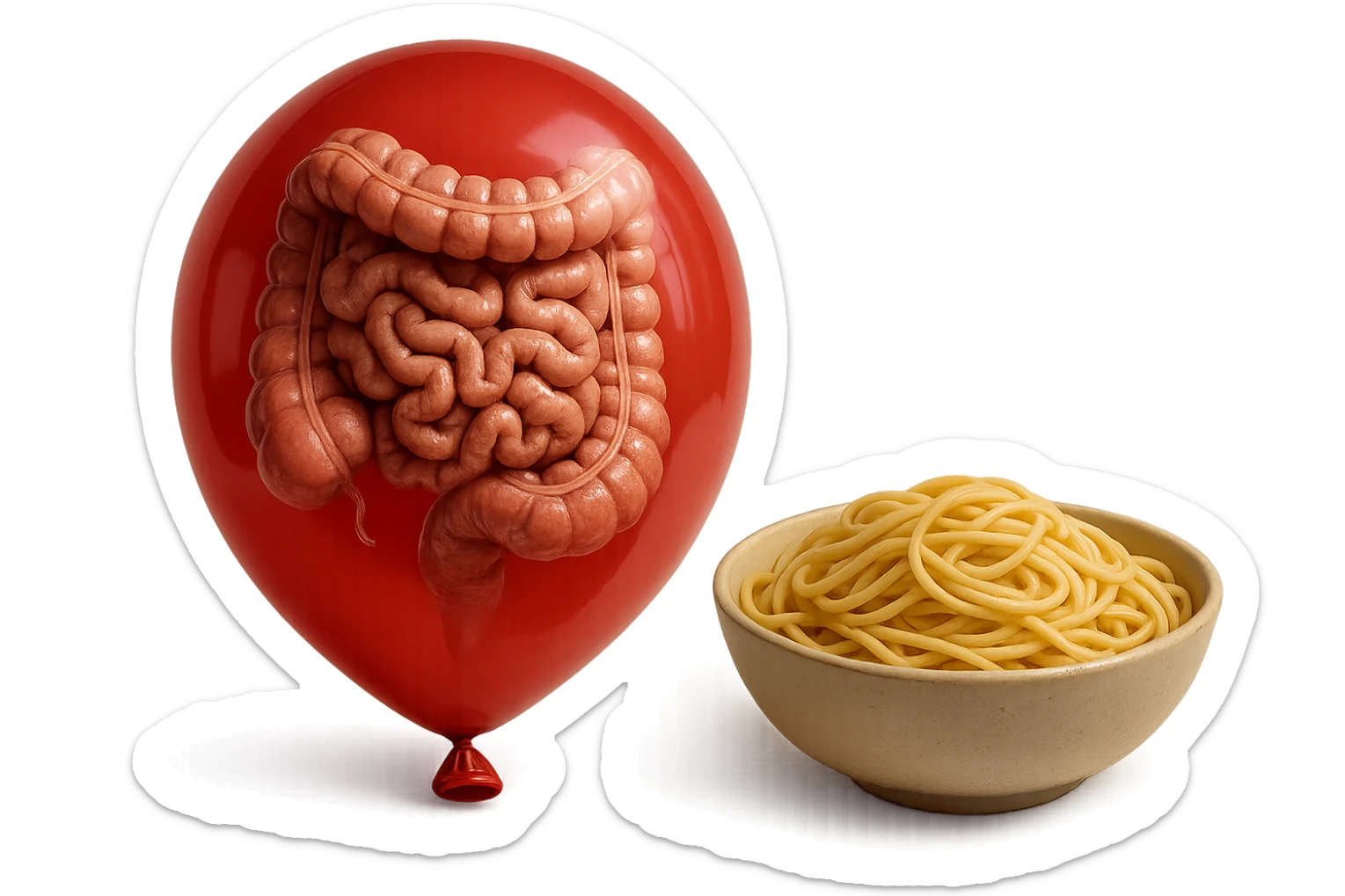 intestino umano anatomico chiuso in un palloncino rosso che simboleggia gonfiore, accanto una bowl di pasta, iperrealistico 4k sticker