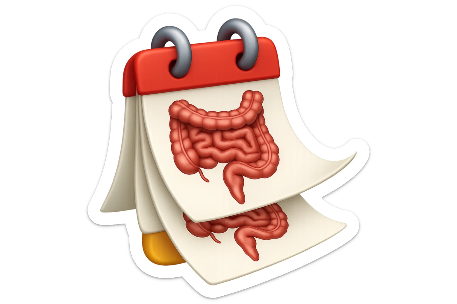 emoji stile iphone di un calendario con fogli che volano insieme, sui fogli ci sono disegnati degli intestini anatomici, iperrealistico 4k, isolato su sfondo bianco sticker