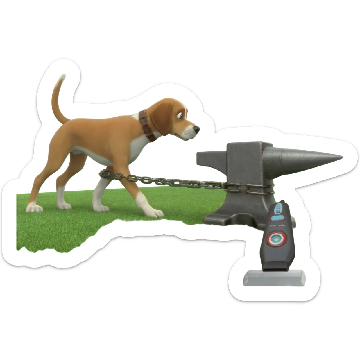 Have green grass bowling green under Pack hound standing pulling an anvil with  an electric shaver under anvil  show the green grass behind the anvil shaved lower cut grass path behind anvil.showing a shaven  path along green grass by leads or chains. Show the shaver cutting the grass sticker