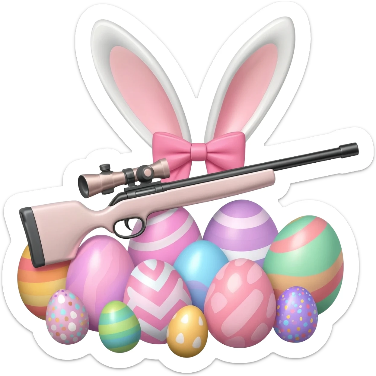 easter theme sniper rifle like with bunny ears and eggs and pink and a tie bow sticker