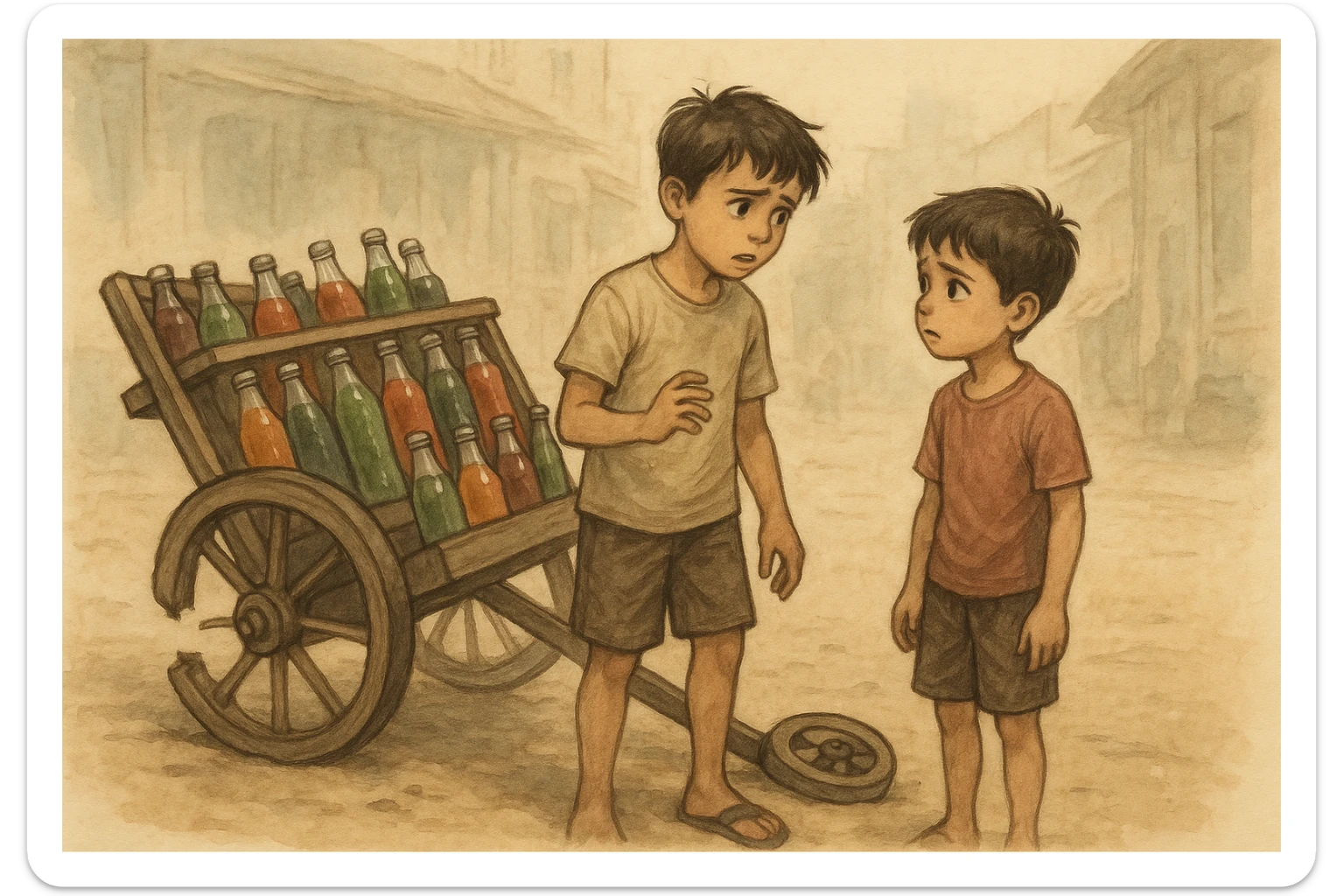 Bir g'ildiragi singan ichimliklar ortilgan arava uning yonida aka uka bir biriga havotirli nigoh bilan qarab turibdi  sticker