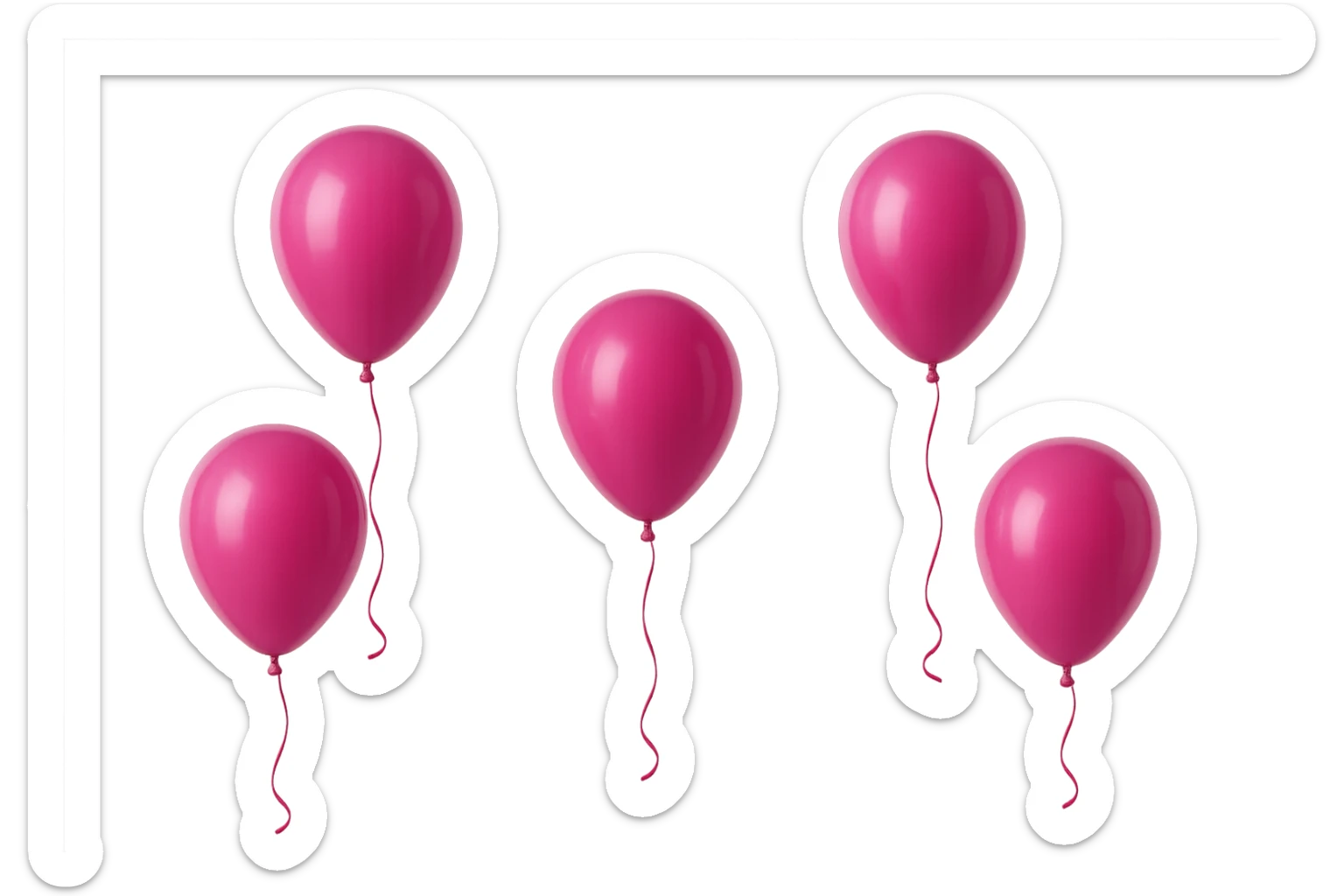 5 palloncini magenta fluttuano in aria isolati su sfondo bianco, iperrealistico 4k sticker