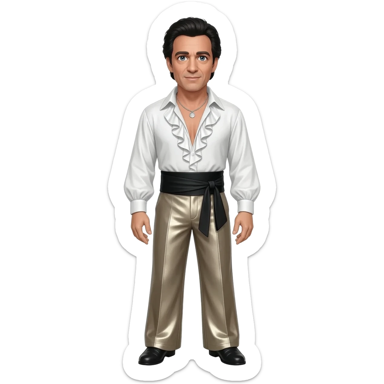 Oliver Reed with blue eyes, black hair, white metallic ruffle shirt, black obi belt, taupe metallic wide leg pants, silver necklace sticker