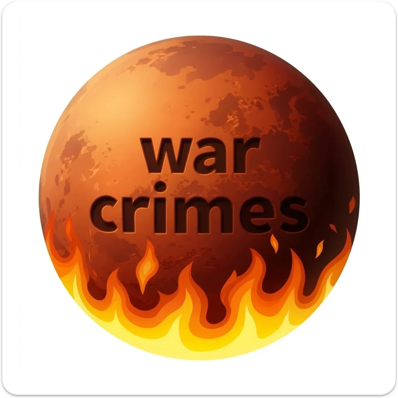 a red burning planet that has the words "war crimes" written on it in black letters, in a realistic planet burning style, like the sun sticker