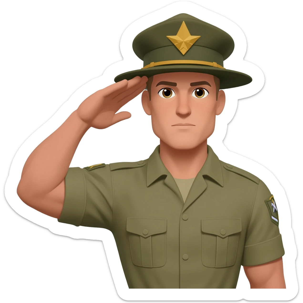 Make his soul, shoulders, broader, and more muscular; change the cap to the drill, instructor hat, and in a salute sticker