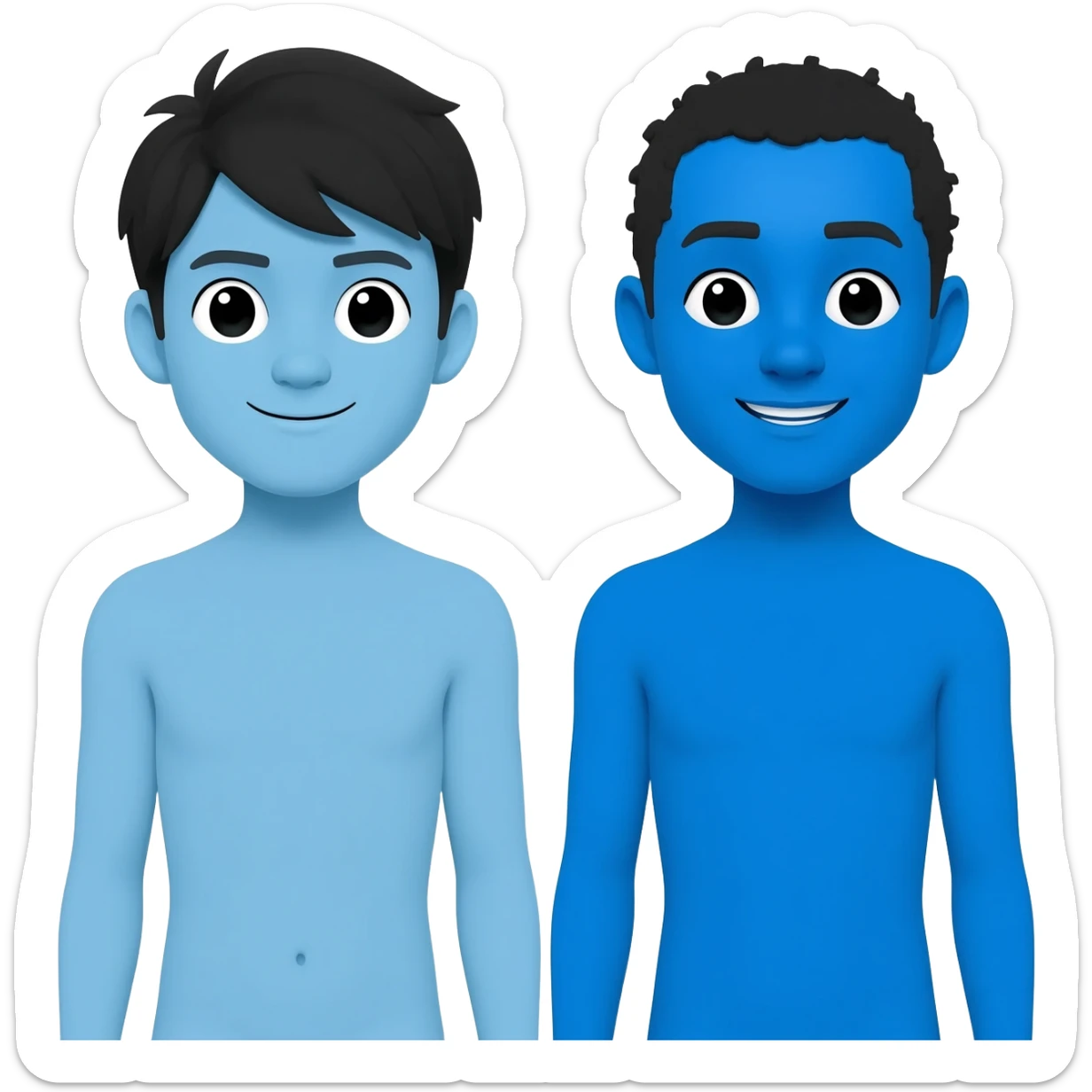 Ganzkörperportrait. Aktmalerei. Zwei Figuren am Anfang ihrer Zwanziger. Die eine Figur ist ostasiatisch und hat blaue Haut. Die andere Figur ist ostafrikanisch und hat blaue Haut. Keine Figur hat die Augen geschlossen. Die Stimmung ist sehr fröhlich aber auch chillig. sticker