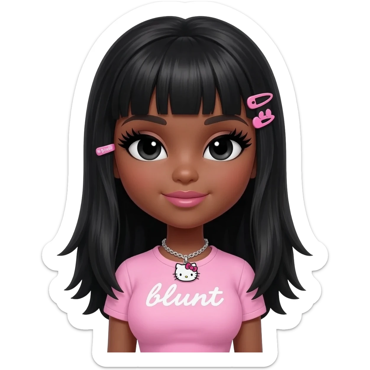 Long giant lashes, my melody hairclip, Doll faced shaped, hello kitty necklace, bimbo, black doll eyes, barbie, dark brown skin with black hair, light pink bimbo shirt says "blunt" , big breast sticker