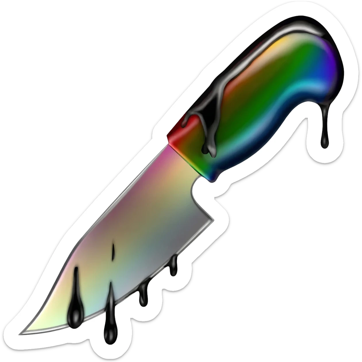 Rainbow knife with black and white blood dripping from the blade sticker