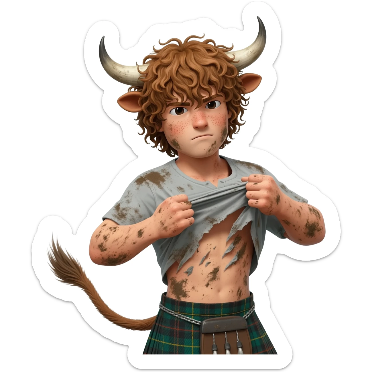 buff curly hairy man covered in dirt with freckles with messy light brown bangs that covers his face completely with bull horns and bull ears and bull tail dressed in kilt rips his T-shirt apart with wind in his hair sticker