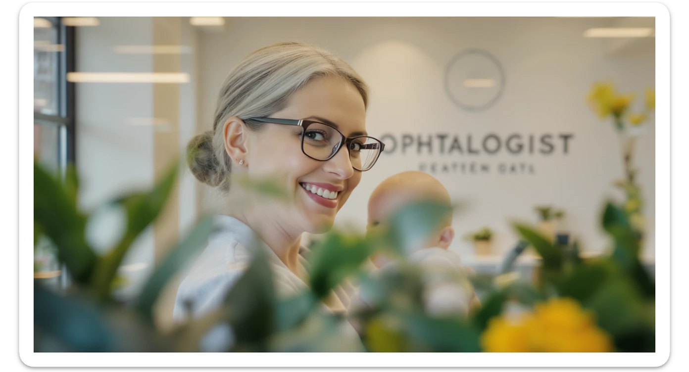 Cinematic still, blurred plants in the foreground (frame within a frame), Proffesional advertising of a smiling european white woman with glasses smiling holding baby, minimalistic ophthalmologist interior in background, leading  lines, "rule of thirds", 60/30/10 colors, soft light, warm colors sticker