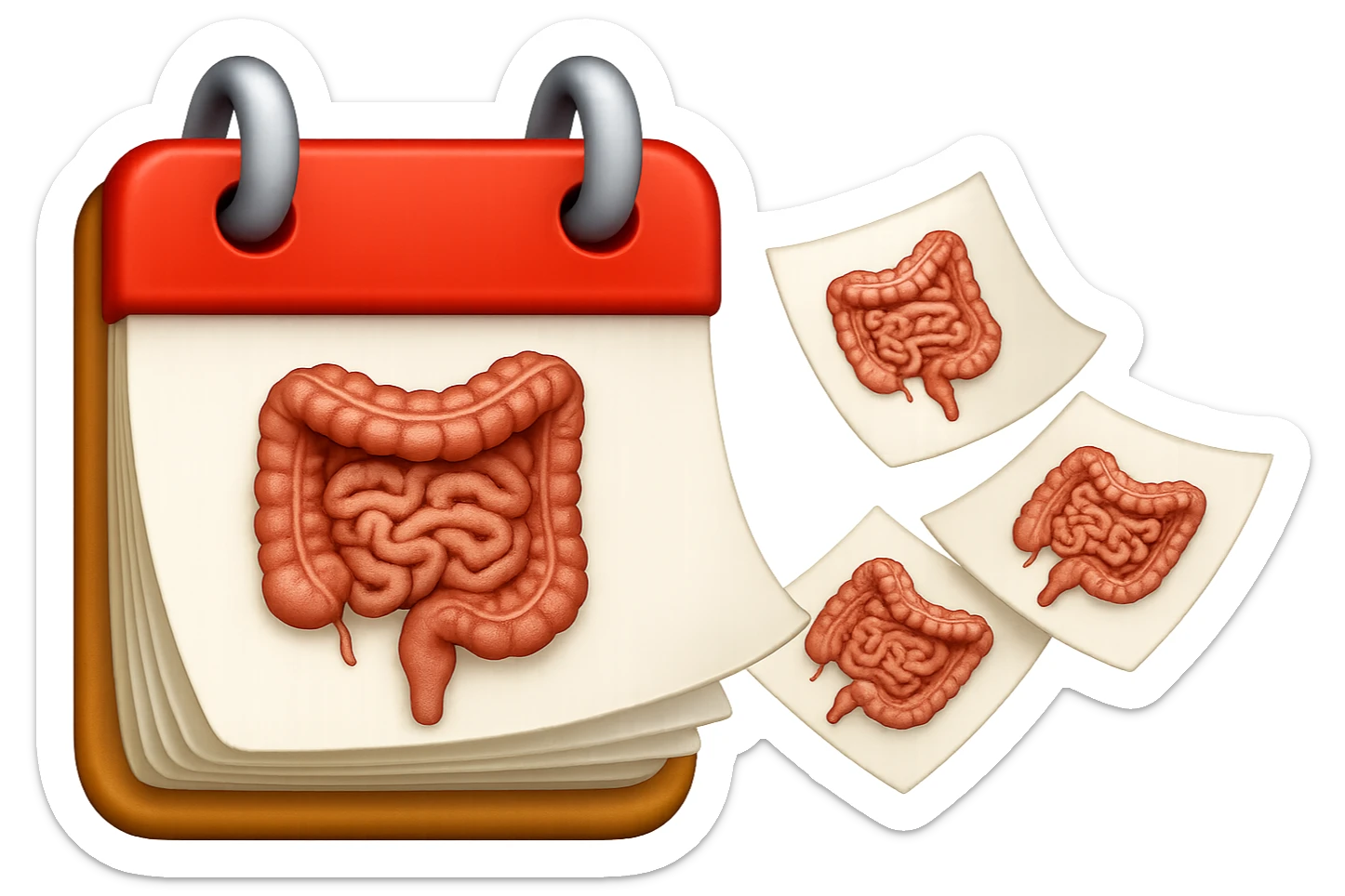 emoji stile iphone di un calendario con fogli che volano insieme, sui fogli ci sono disegnati degli intestini anatomici, iperrealistico 4k, isolato su sfondo bianco sticker