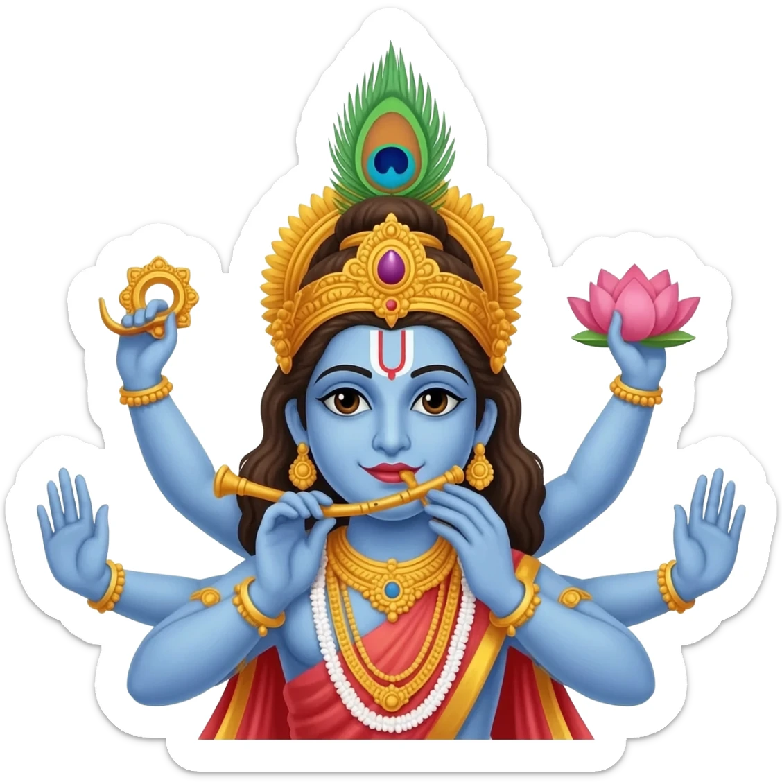 4 handed Lord Krishna is wearing mayur pankh , holding sudarshan chakra in right hand, left hand lotus and another two hand flute on mouth. sticker