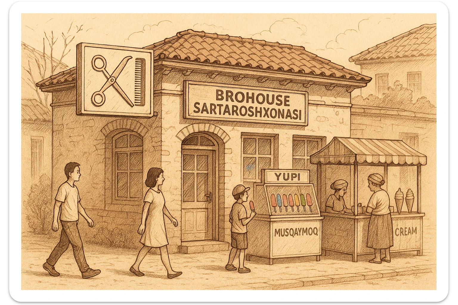 brohouse sartarosh xonasini chizib ber tashqaridan va uning yonida yupi va musqaymoq sotadigan lavkalar bulsin sticker