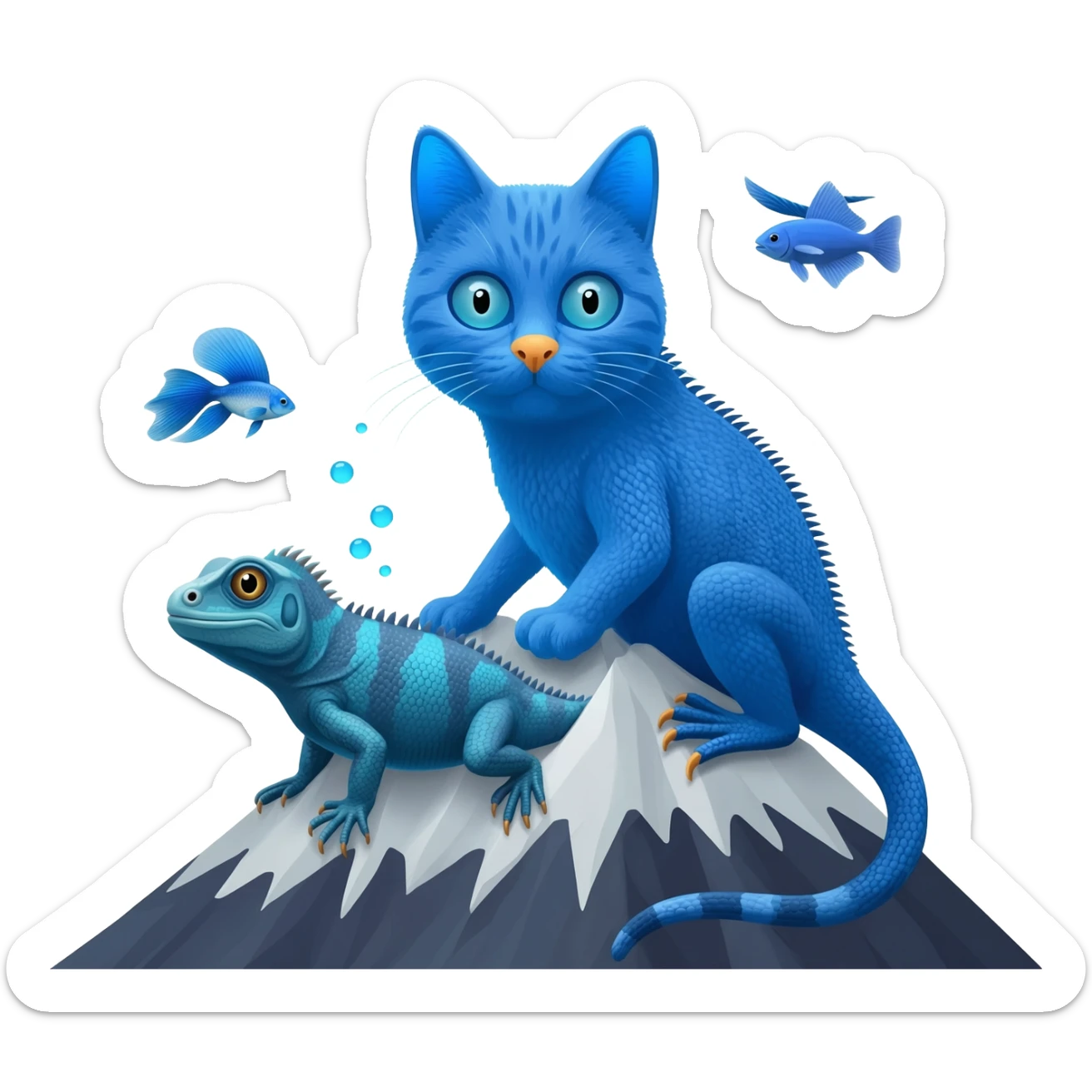 Mountain-Blue-Bird-Blue-Iguana-Blue-Betta-Fish-Russian-Blue-Cat-Fusion-animal-hybrid-creature sticker